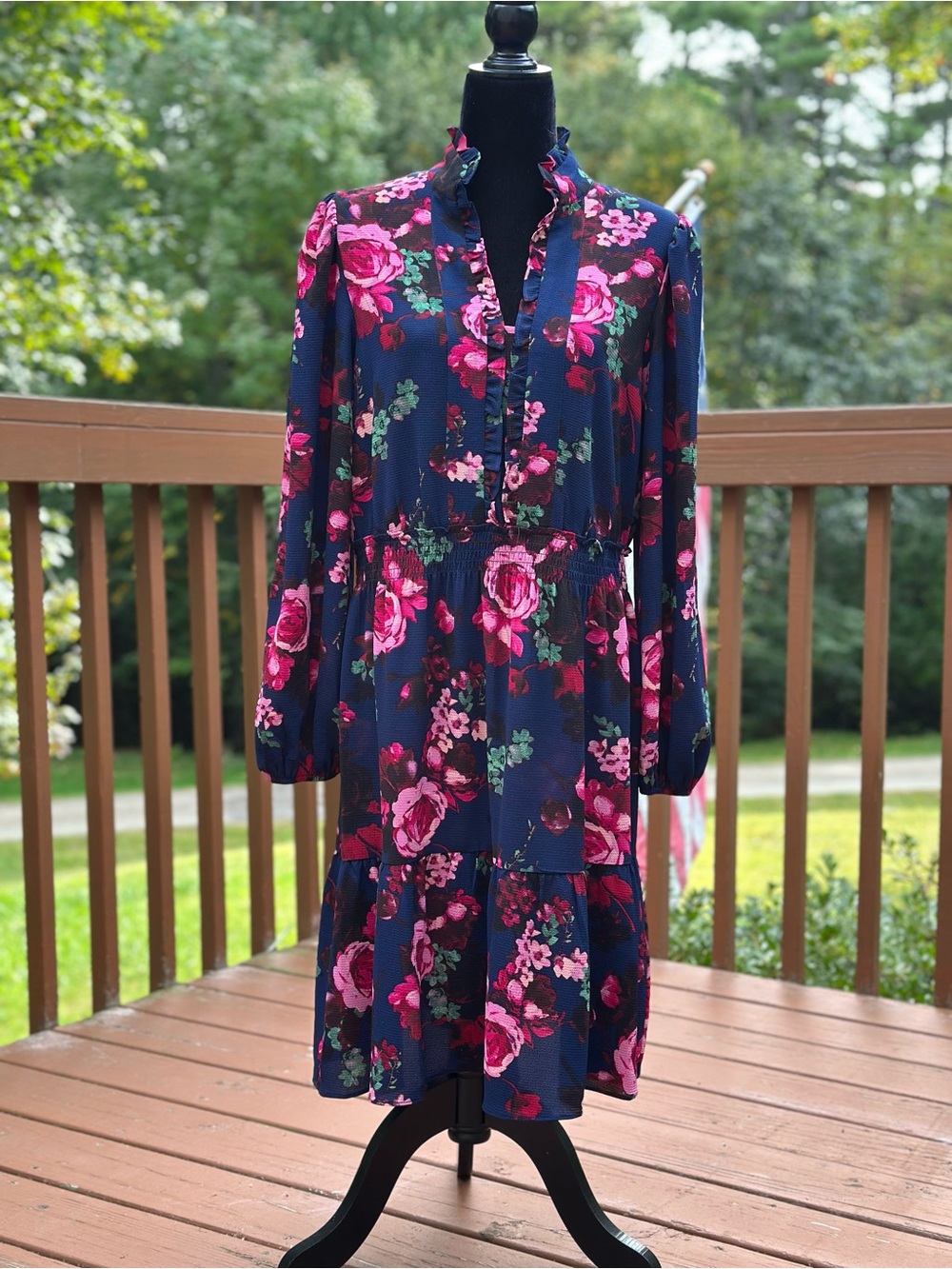 Women’s Navy Floral Ruffle Neck Long Sleeve Dress